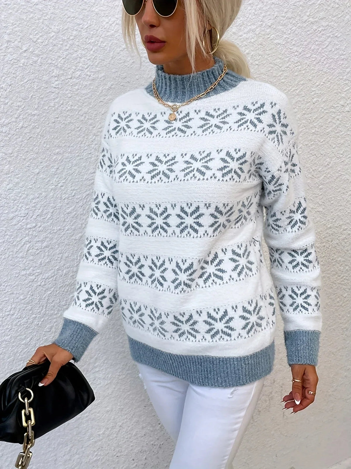 Alexandrine | Christmas Sweater with Snowflake Print Mock Neck