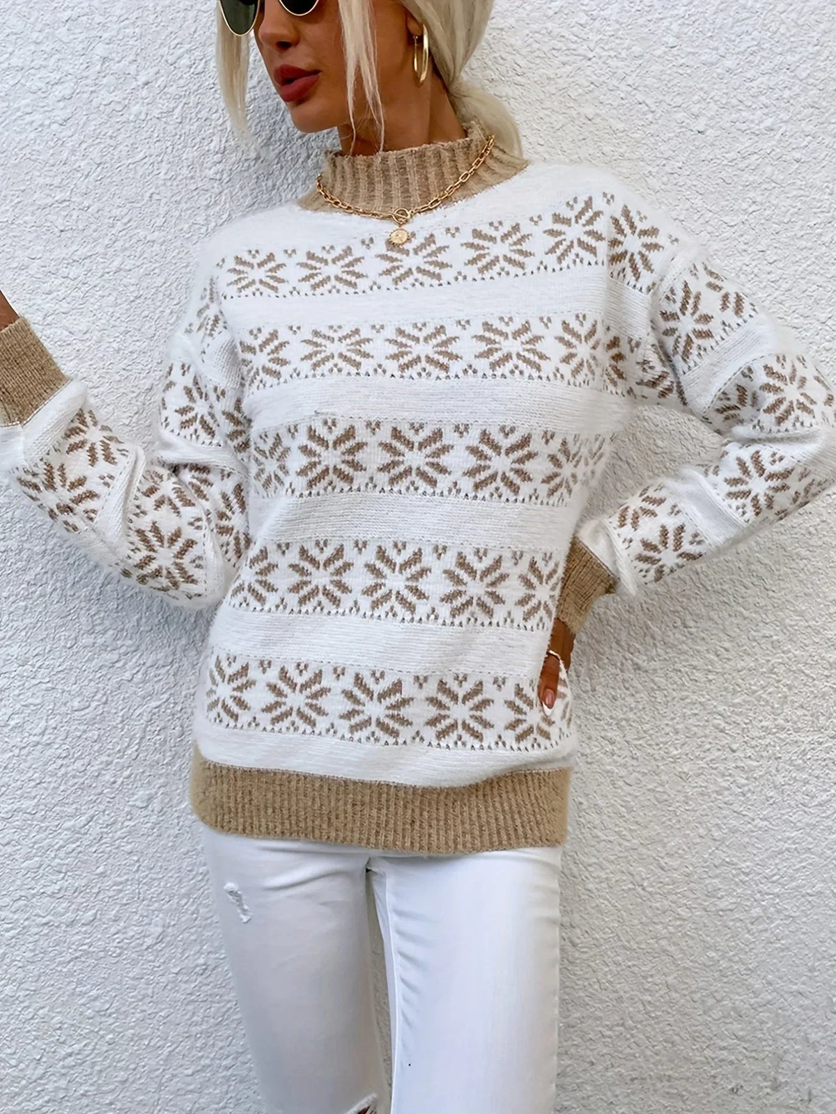 Alexandrine | Christmas Sweater with Snowflake Print Mock Neck