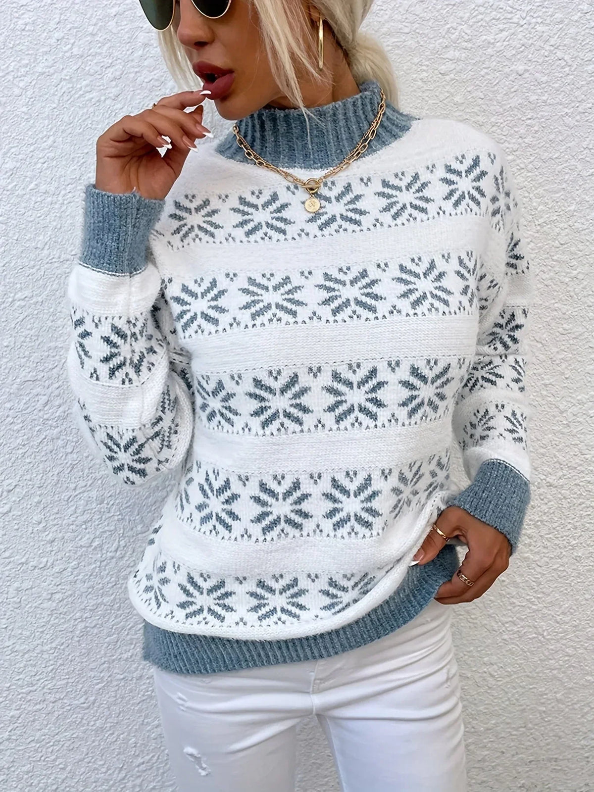 Alexandrine | Christmas Sweater with Snowflake Print Mock Neck