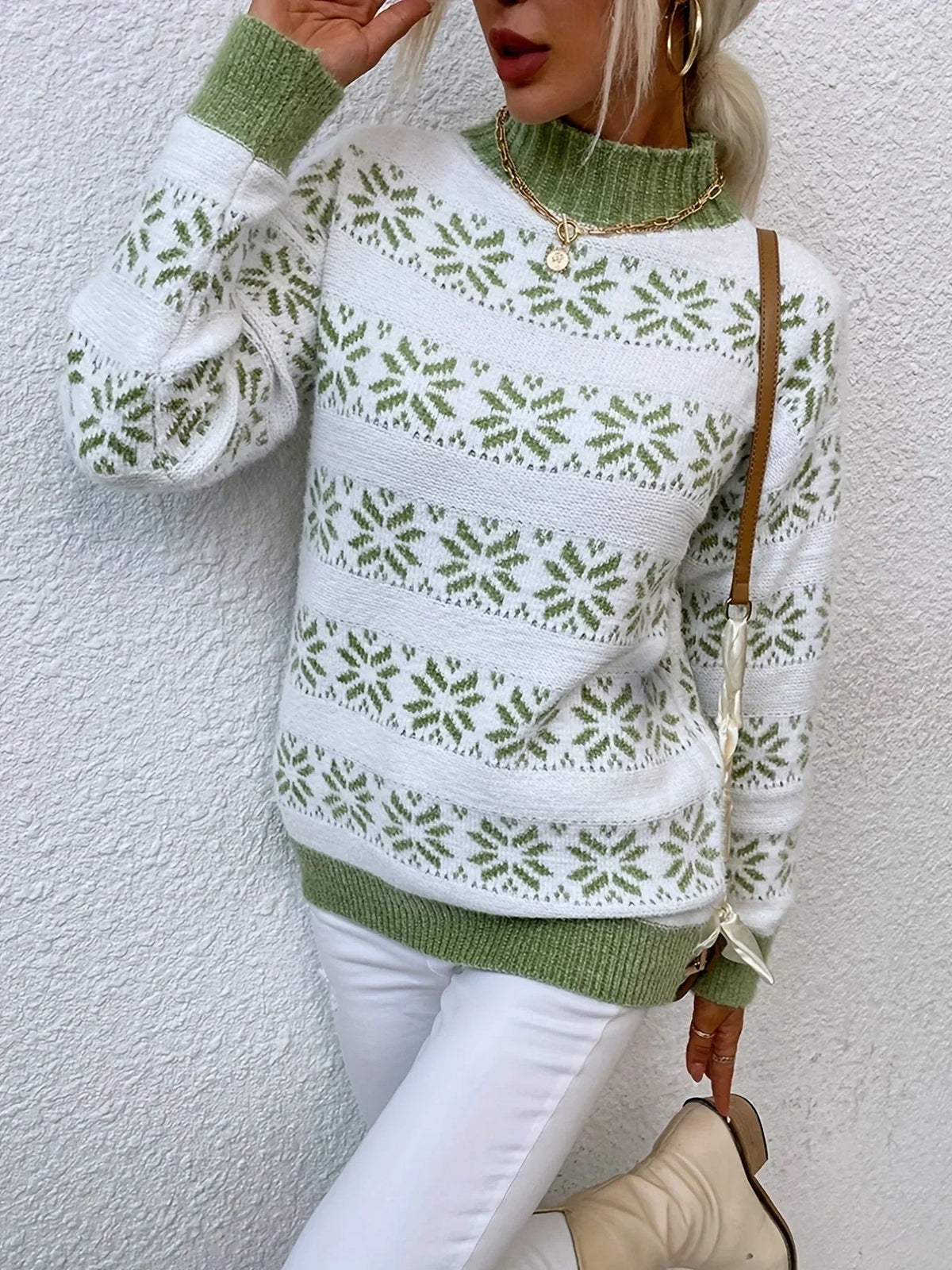 Alexandrine | Christmas Sweater with Snowflake Print Mock Neck