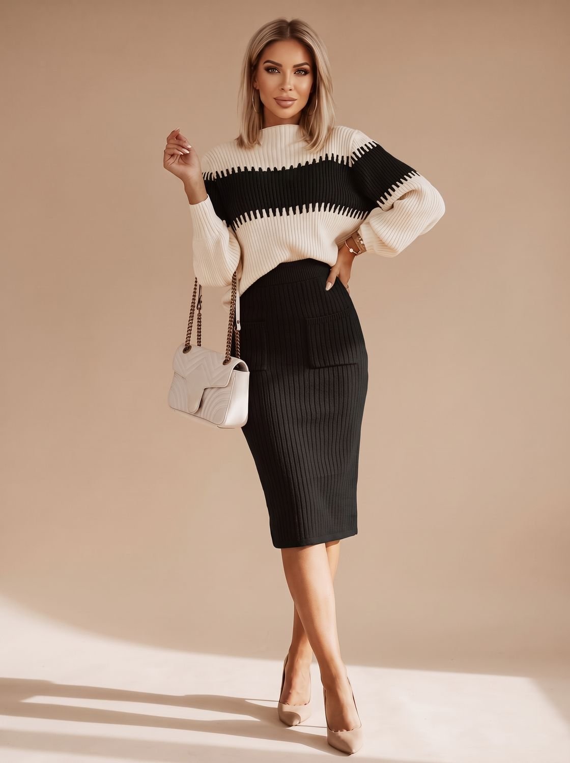 Annigje | Ribbed Turtleneck Sweater & Slit Midi Skirt Set