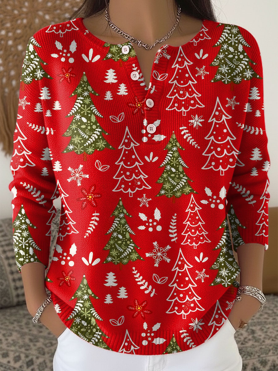 Naima | Christmas Sweater with Floral Print Button Collar