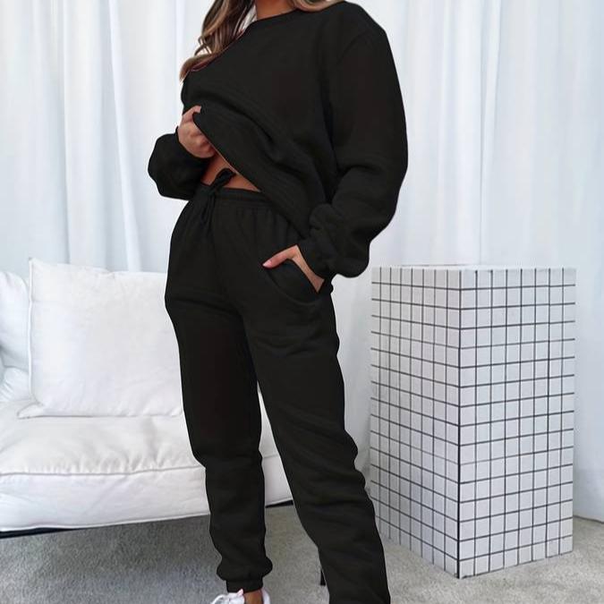 Indianna | Ribbed Crew Neck Sweat Set with Drawstring Joggers