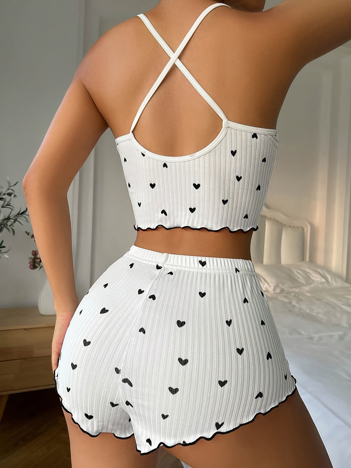 Agathe | Heart Print Ruffle Trim Pajamas for Women