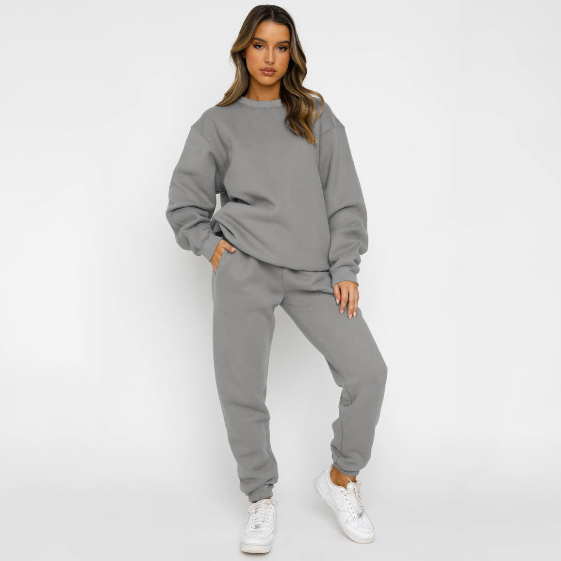 Teagan | Round Neck Sweater Sweat Set with Wide Leg Pants