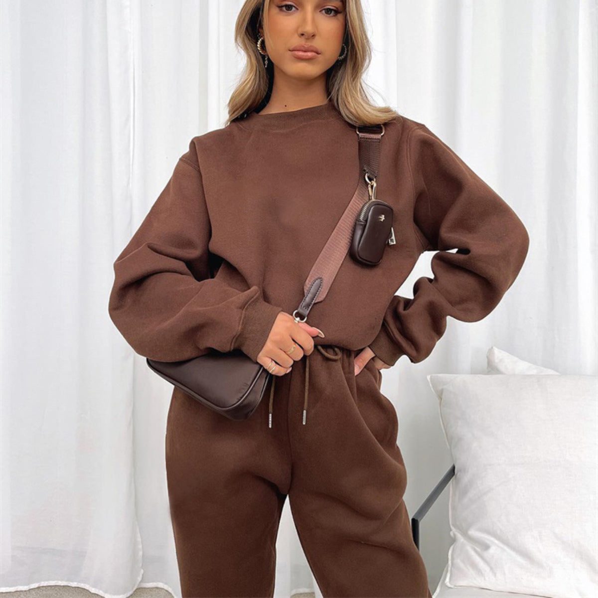 Teagan | Round Neck Sweater Sweat Set with Wide Leg Pants