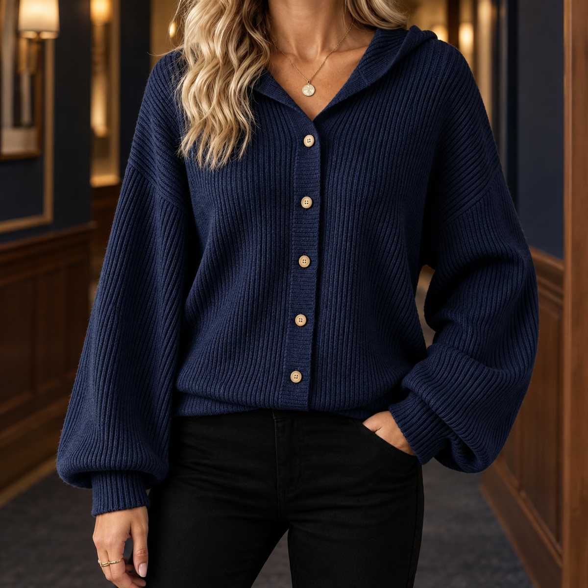 Loretta | Ribbed Hooded Cardigan with Balloon Sleeves for Women