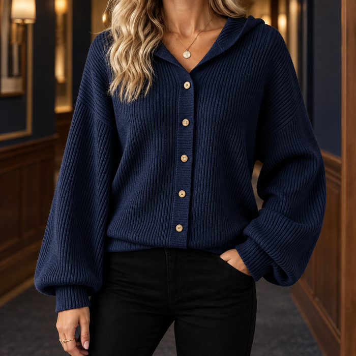 Loretta | Ribbed Hooded Cardigan with Balloon Sleeves for Women