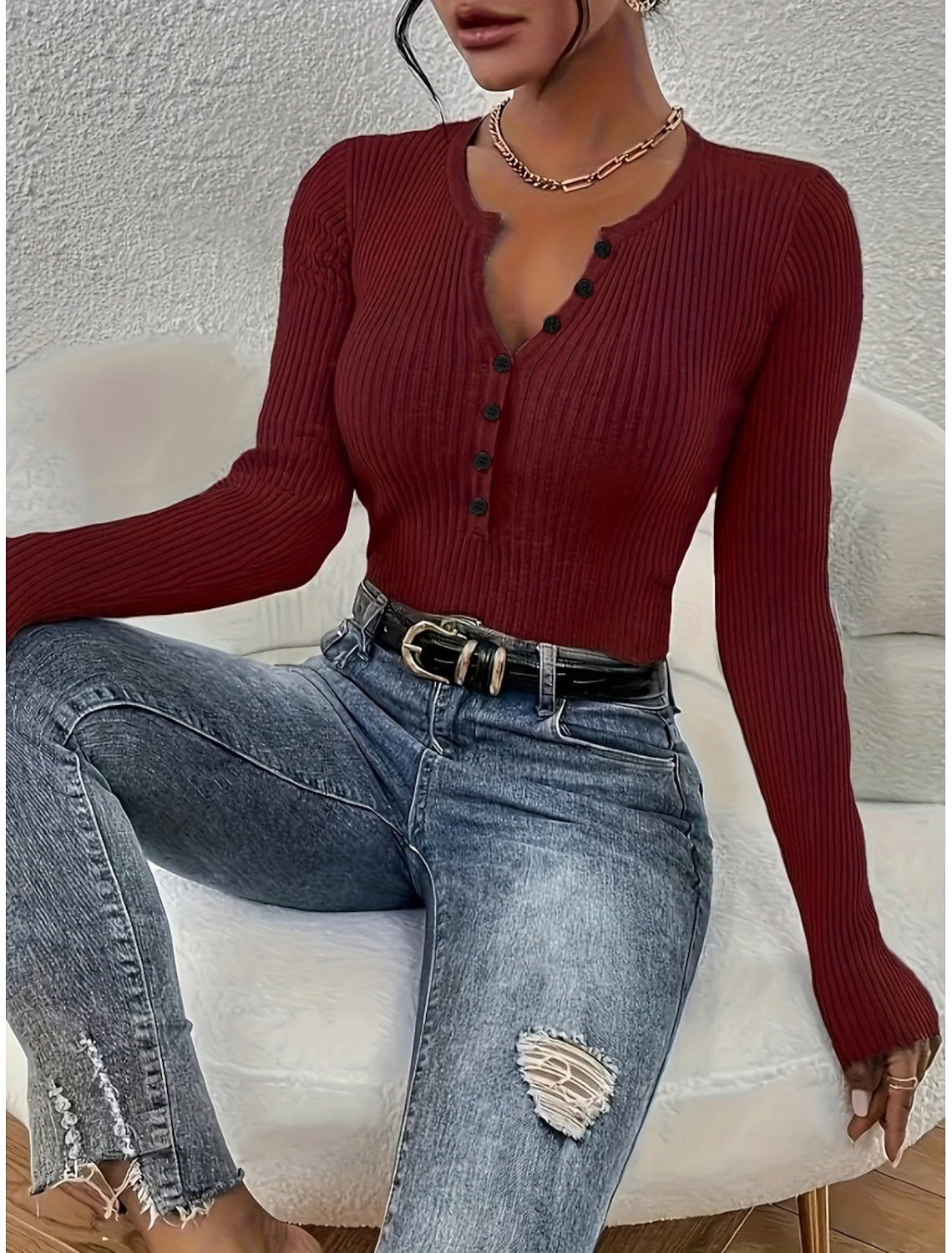Lisbet | Ribbed Cable Knit Sweater with Button Placket for Women