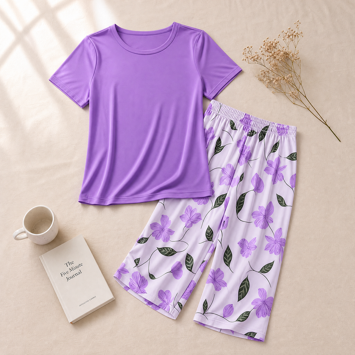 Noriko | Floral Capri Pajamas Set with Short Sleeve Top for Women