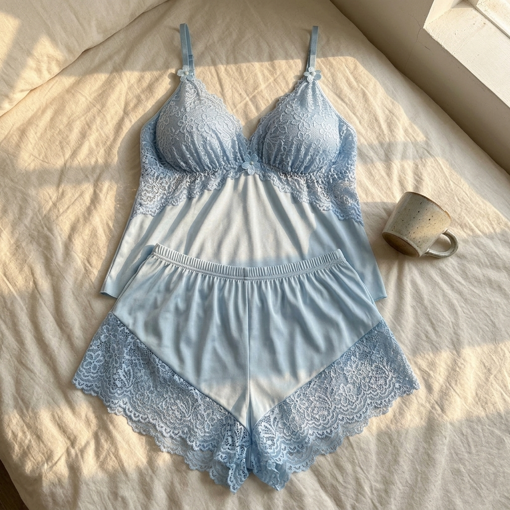 Nicolette | Lace Trim Satin Pajamas Set for Women