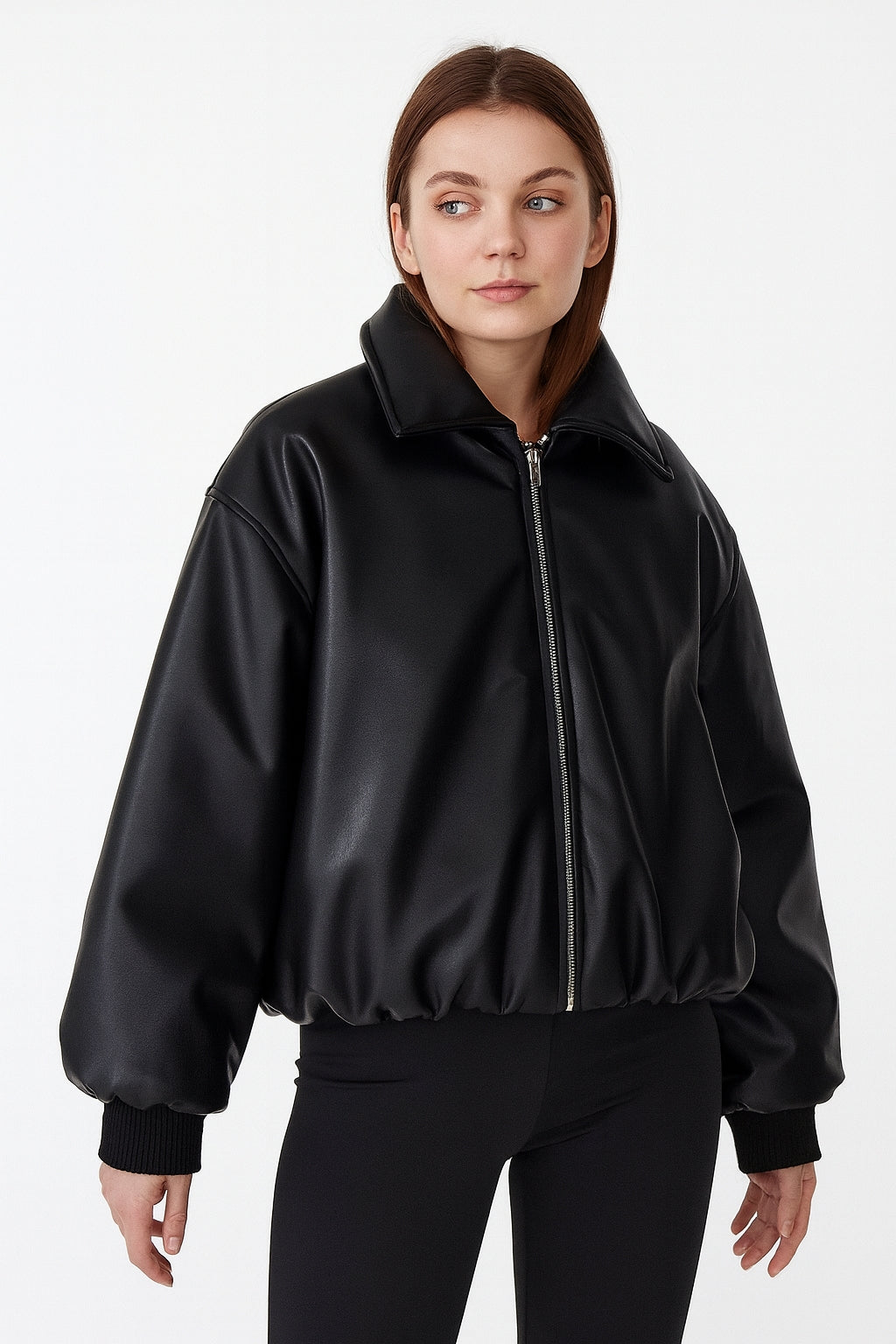 Talora | Oversized Leather Jacket with Ribbed Cuffs for Women