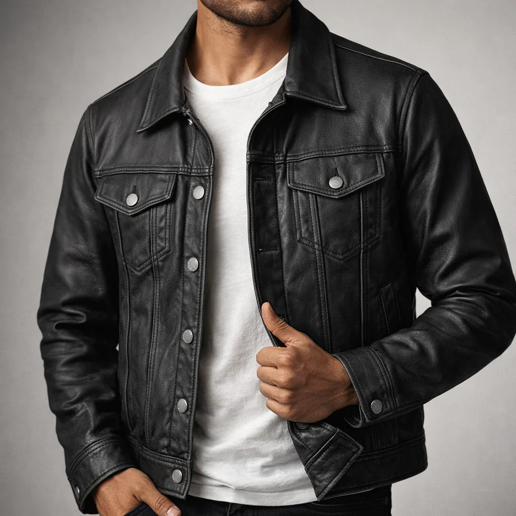 Regis | Trucker Leather Jacket with Button Front for Men