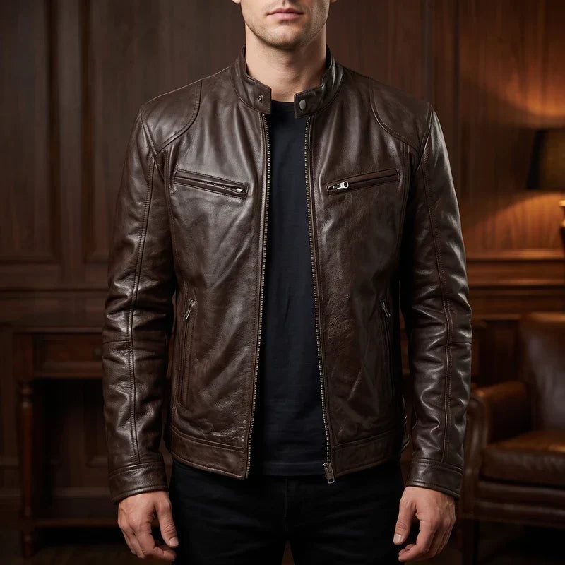 Merritt | Leather Jacket with Button-Snap Collar for Men