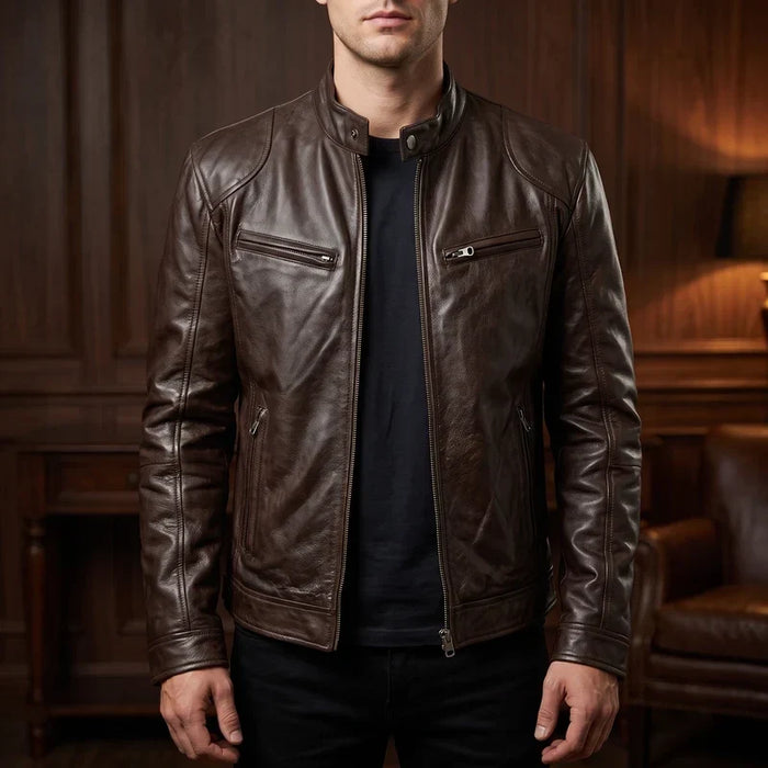 Merritt | Leather Jacket with Button-Snap Collar for Men