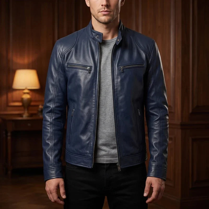 Merritt | Leather Jacket with Button-Snap Collar for Men