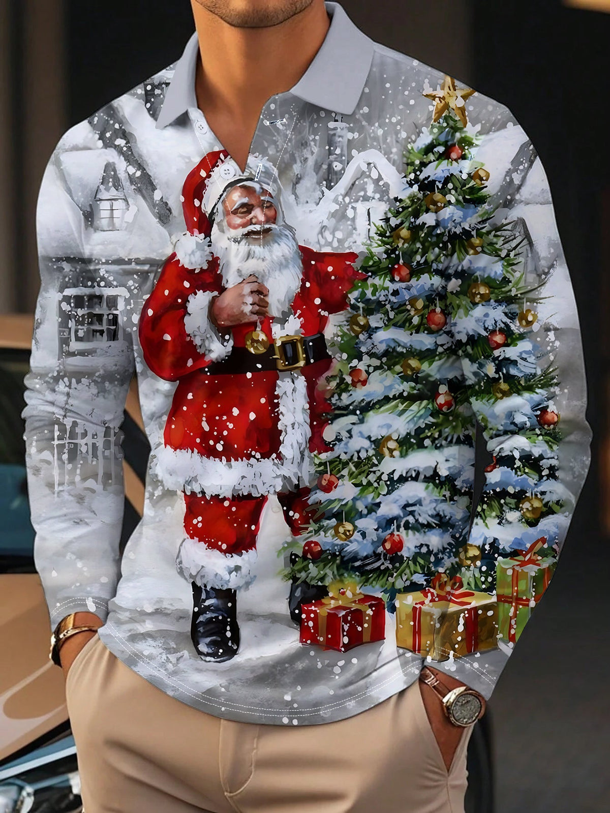 Roscoe | Button-Neck Long Sleeve Christmas Print Polo for Men