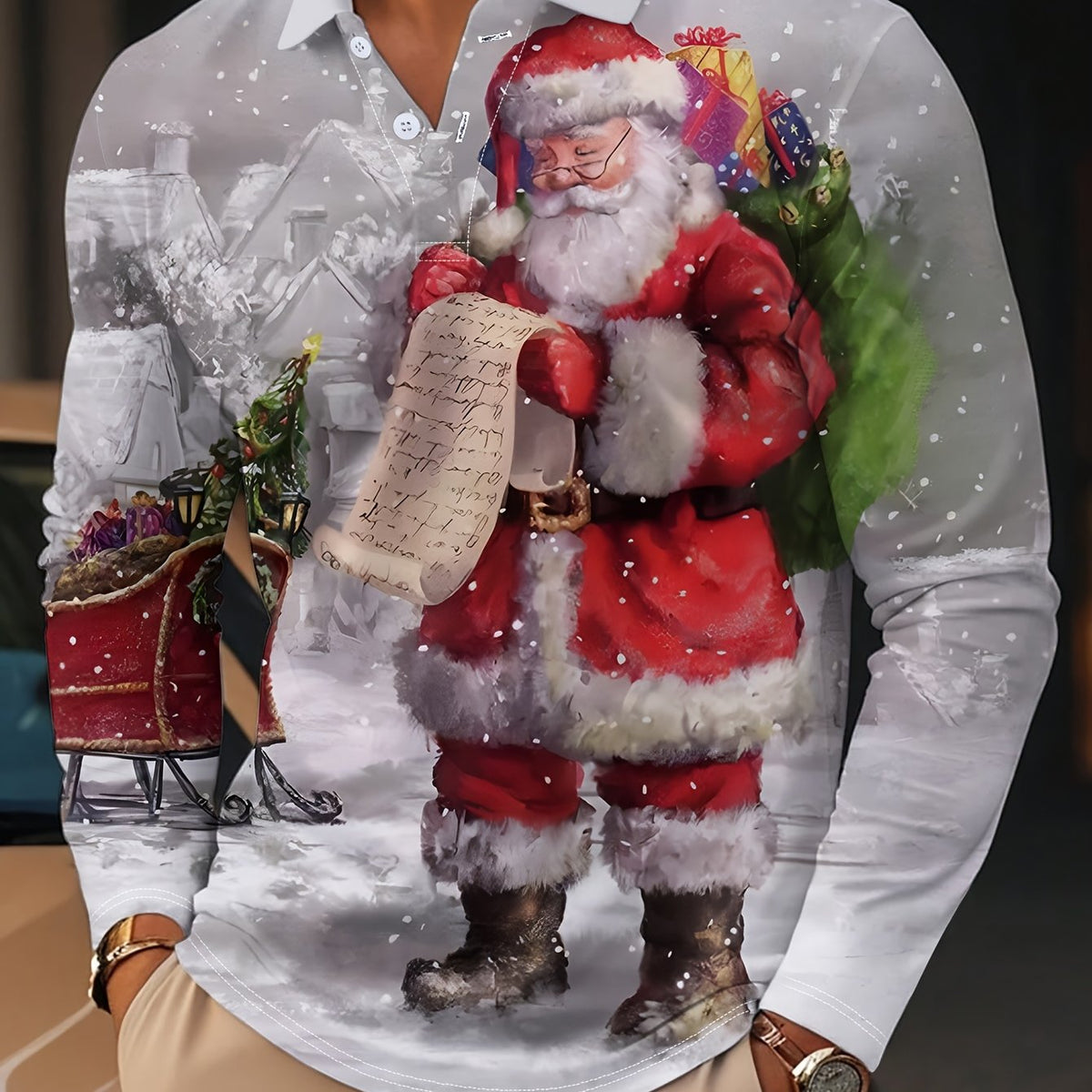 Roscoe | Button-Neck Long Sleeve Christmas Print Polo for Men