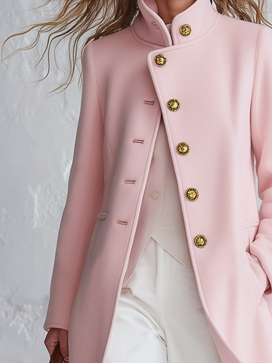 Priscille | Pink Stand-Collar Winter Coat with Single-Breasted Buttons