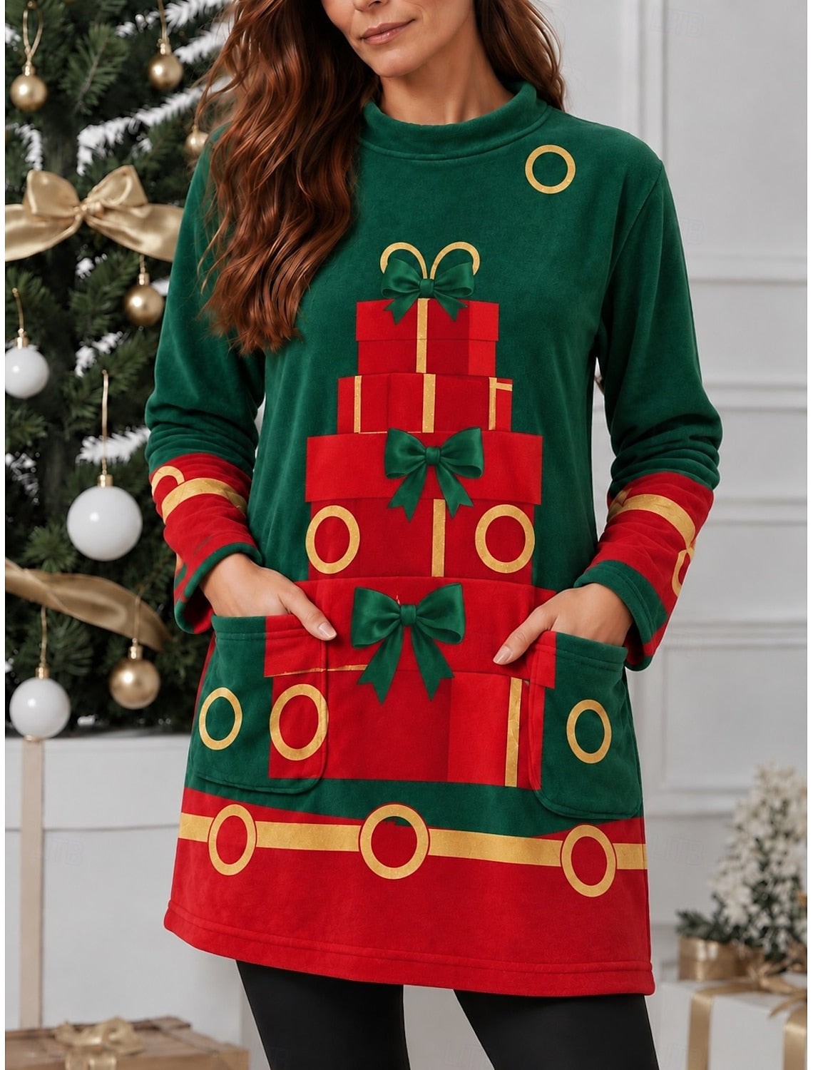 Alira | Christmas Dress Style Tree Print Stand Collar Sweater