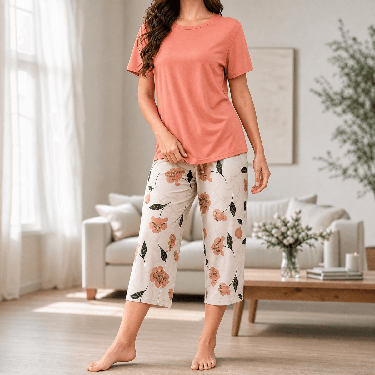 Noriko | Floral Capri Pajamas Set with Short Sleeve Top for Women