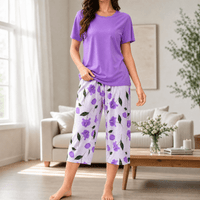 Noriko | Floral Capri Pajamas Set with Short Sleeve Top for Women
