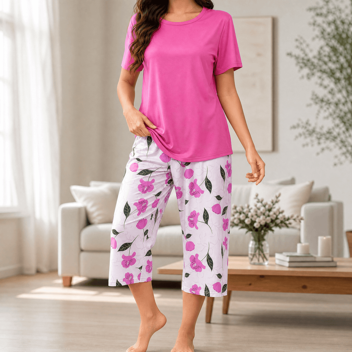 Noriko | Floral Capri Pajamas Set with Short Sleeve Top for Women