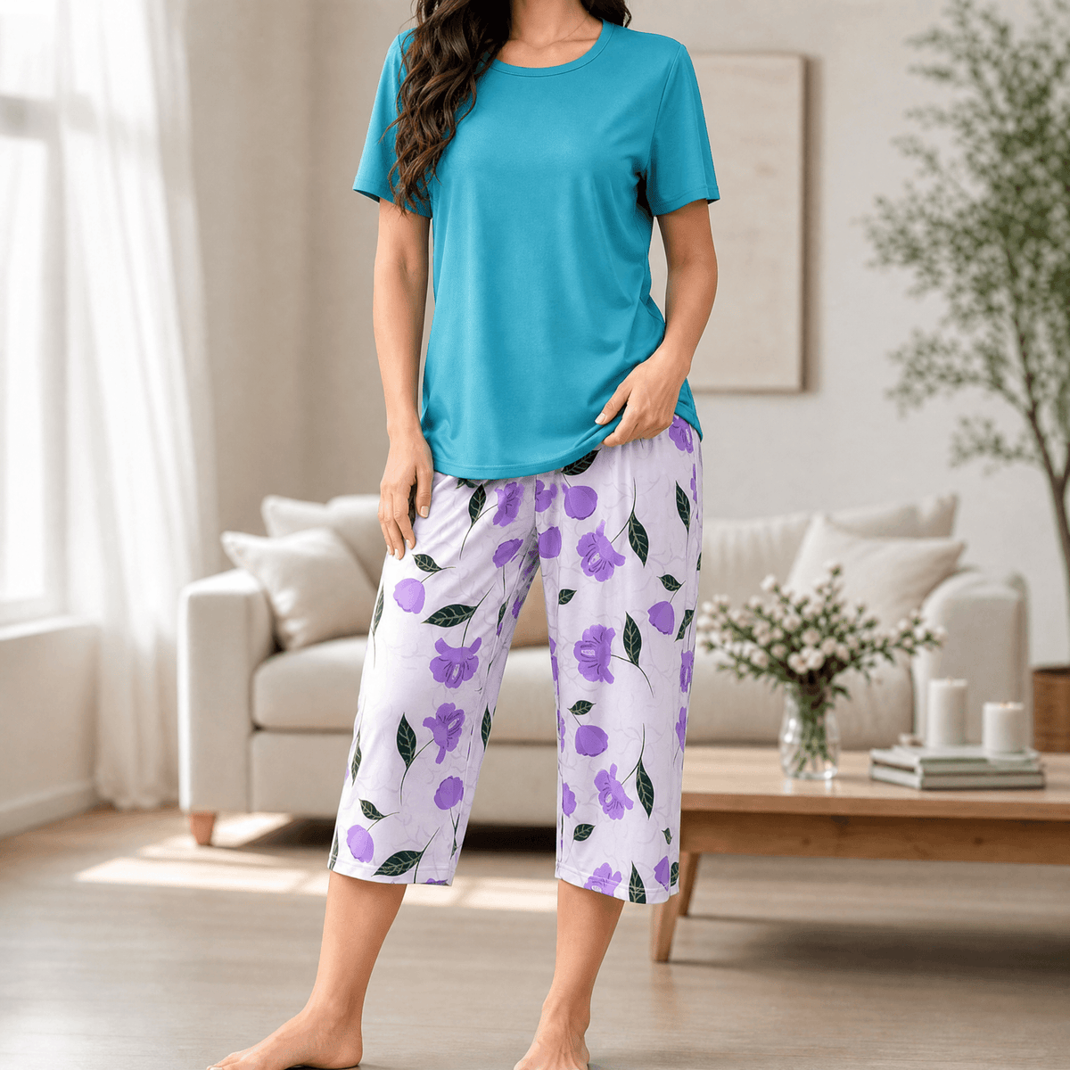 Noriko | Floral Capri Pajamas Set with Short Sleeve Top for Women
