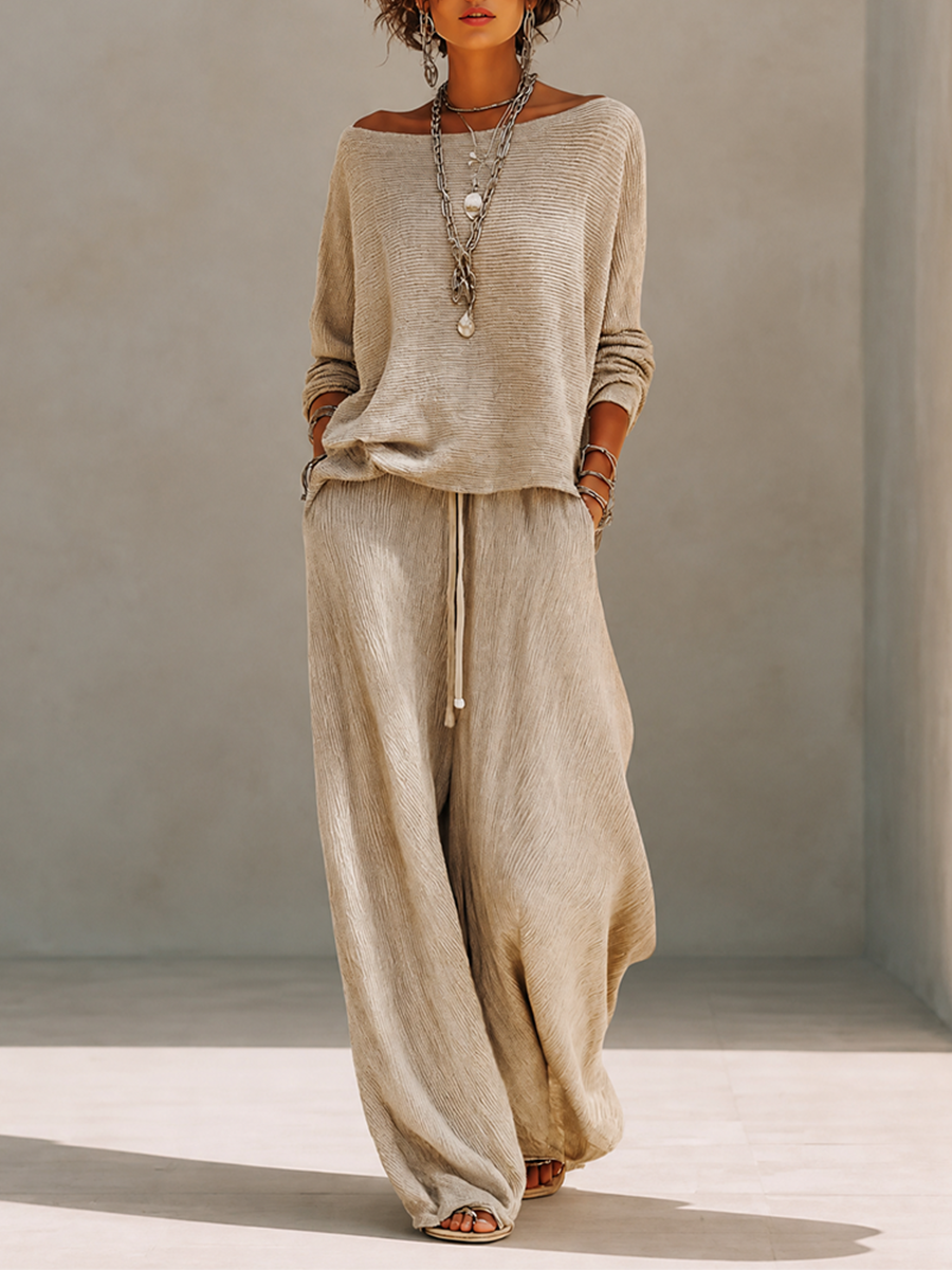 Nadalia | Boat Neck Sweat Set with Wide Leg Pants for Women