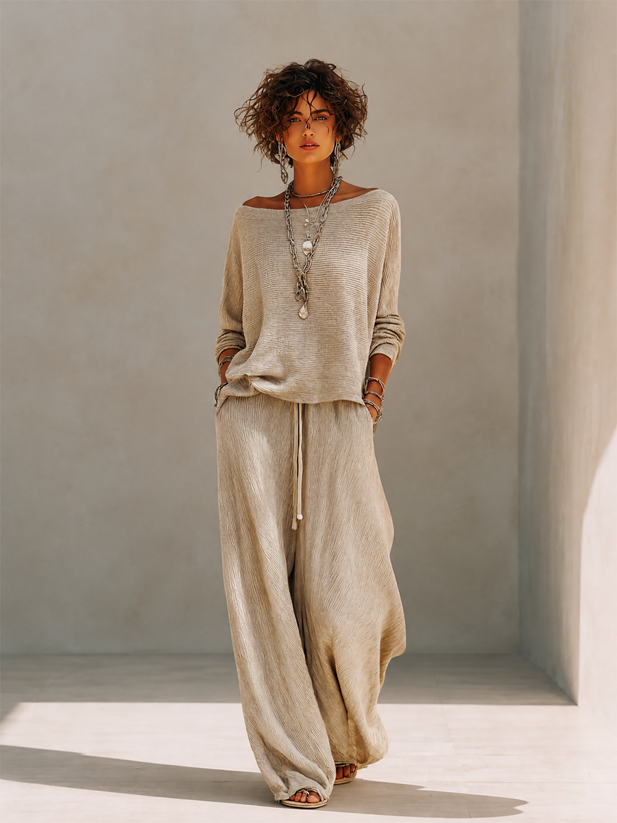 Nadalia | Boat Neck Sweat Set with Wide Leg Pants for Women