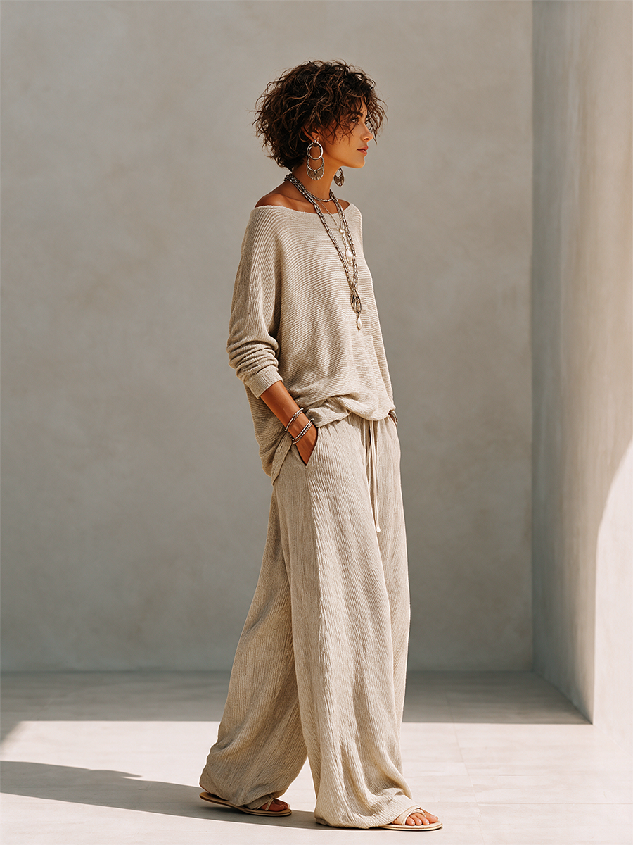 Nadalia | Boat Neck Sweat Set with Wide Leg Pants for Women