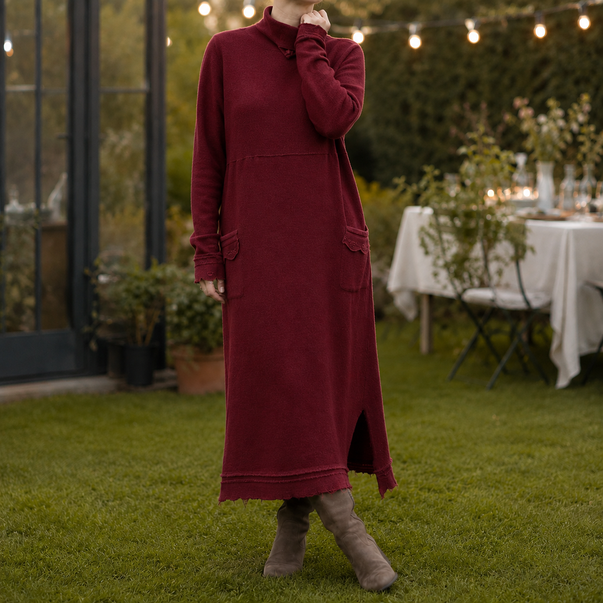 Dominique | Ribbed Mock Neck Long Sleeve Dress with Pockets