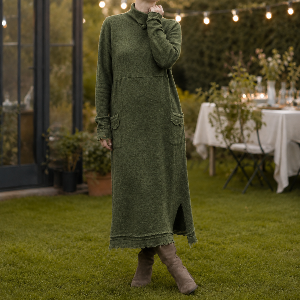 Dominique | Ribbed Mock Neck Long Sleeve Dress with Pockets