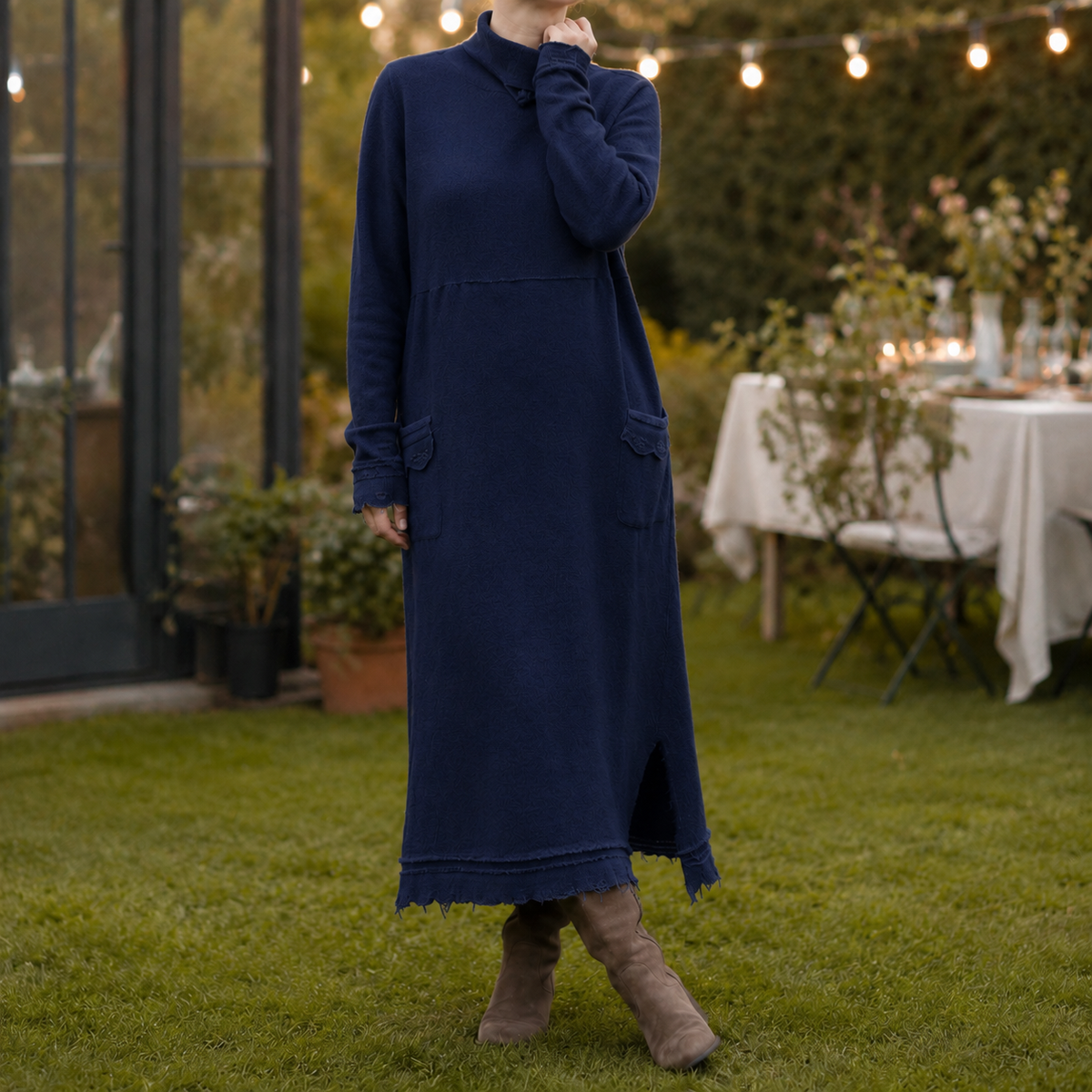Dominique | Ribbed Mock Neck Long Sleeve Dress with Pockets