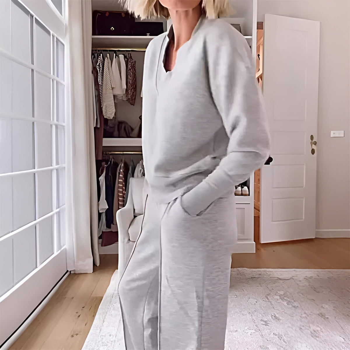 Valora | V-Neck Ribbed Sweater Sweat Set for Women
