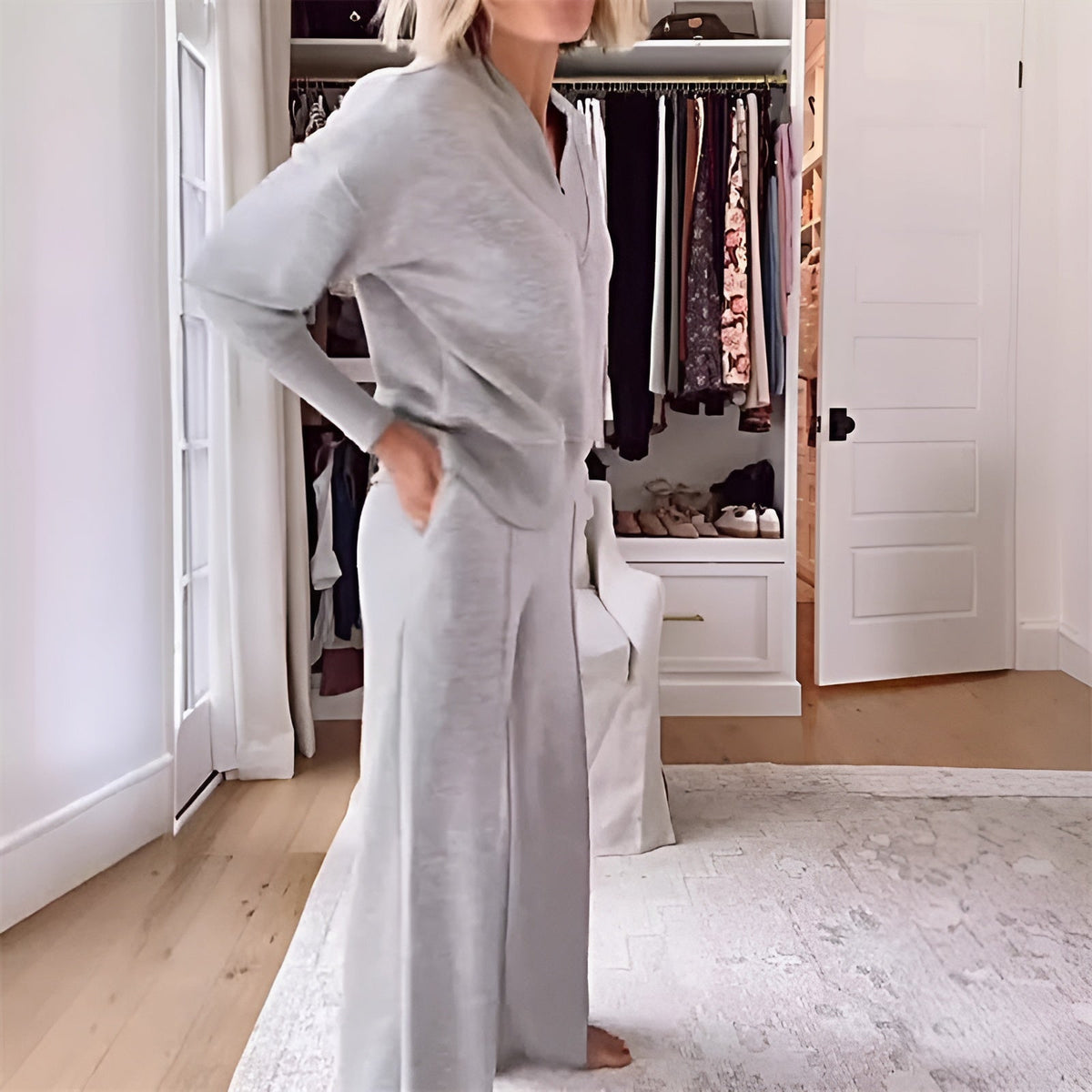 Valora | V-Neck Ribbed Sweater Sweat Set for Women