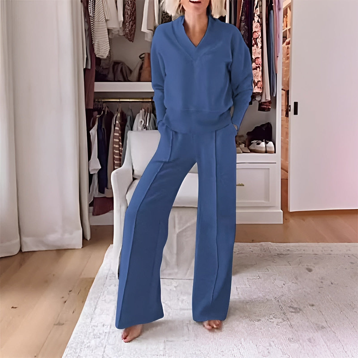 Valora | V-Neck Ribbed Sweater Sweat Set for Women