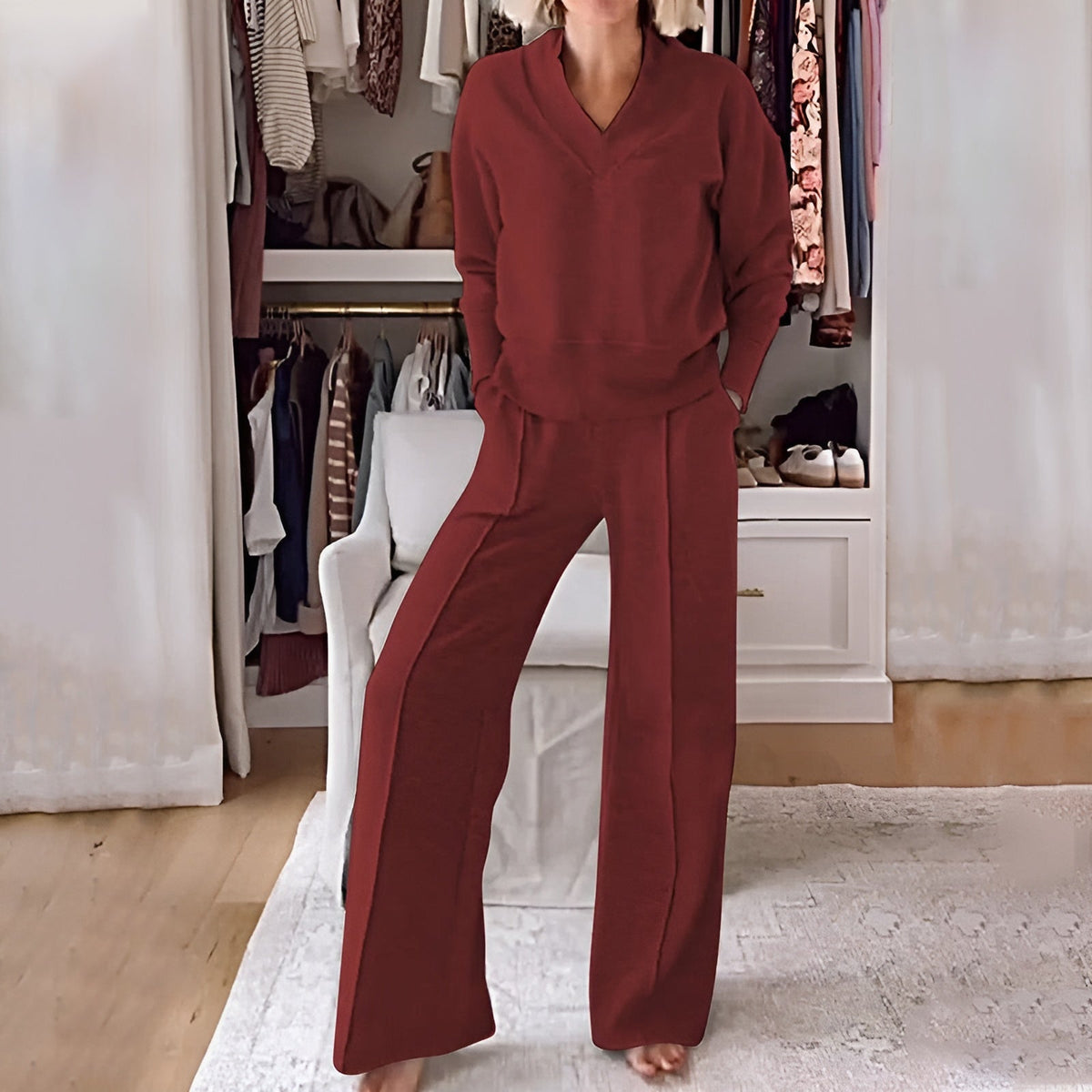 Valora | V-Neck Ribbed Sweater Sweat Set for Women