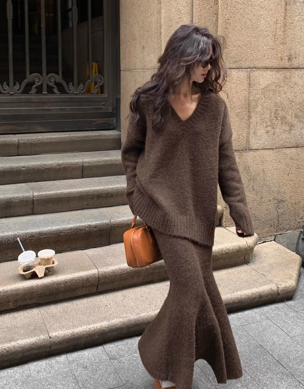 Burgel | V-Neck Ribbed Knit Sweat Set with Wide Leg Pants