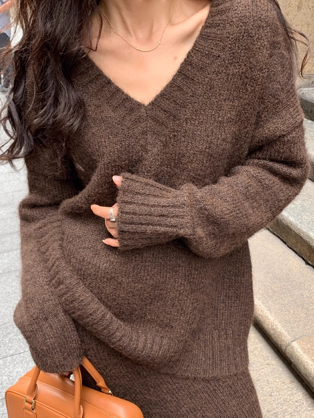 Burgel | V-Neck Ribbed Knit Sweat Set with Wide Leg Pants