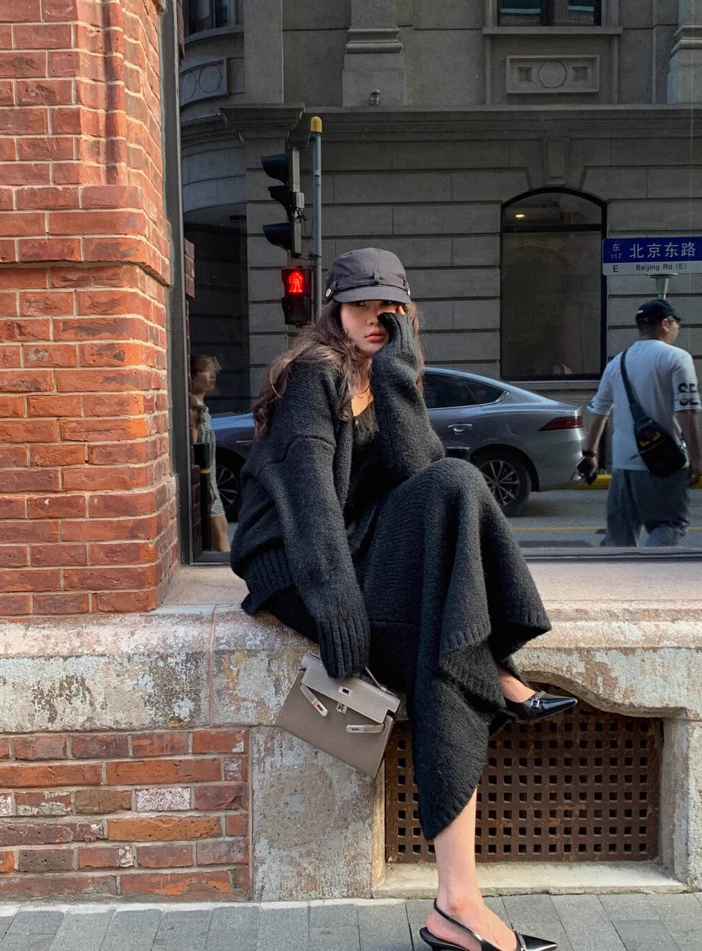 Burgel | V-Neck Ribbed Knit Sweat Set with Wide Leg Pants