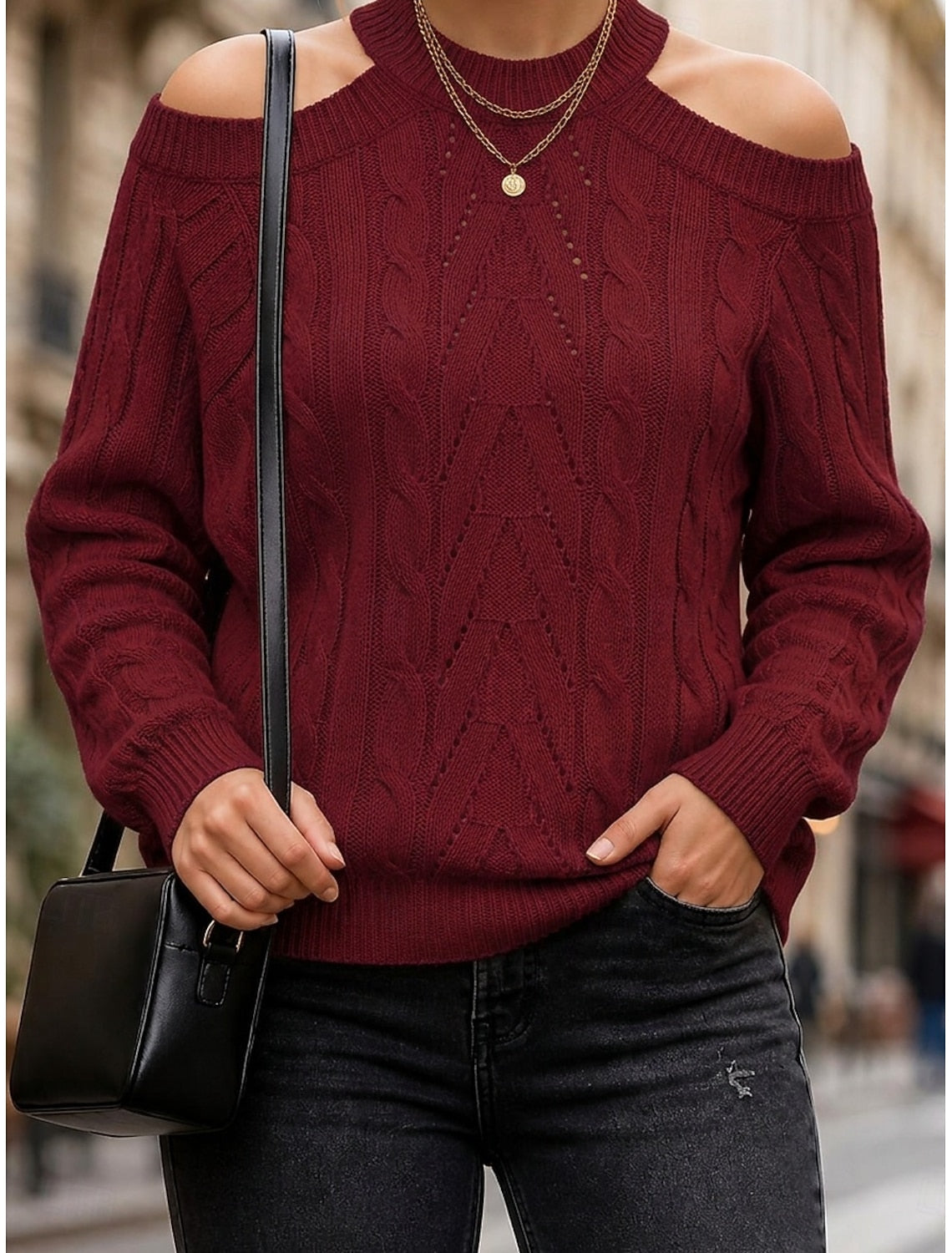 Merel Cable Knit Sweater with Cold-Shoulder Cutout for Women