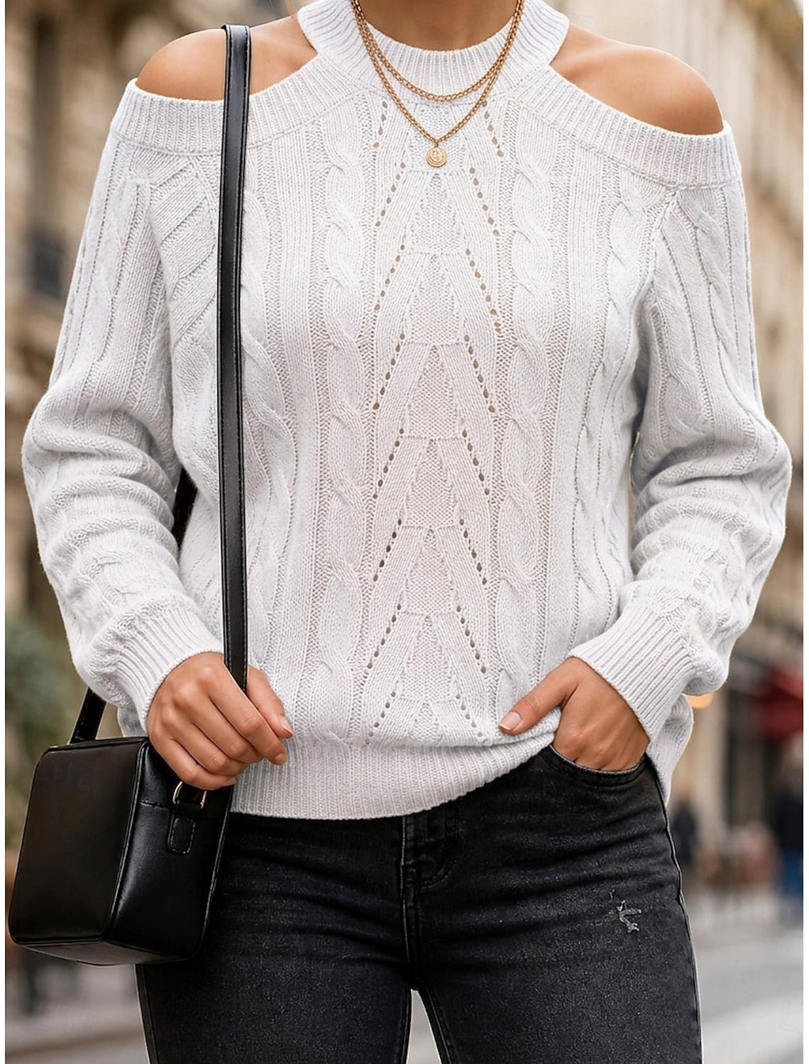 Merel Cable Knit Sweater with Cold-Shoulder Cutout for Women