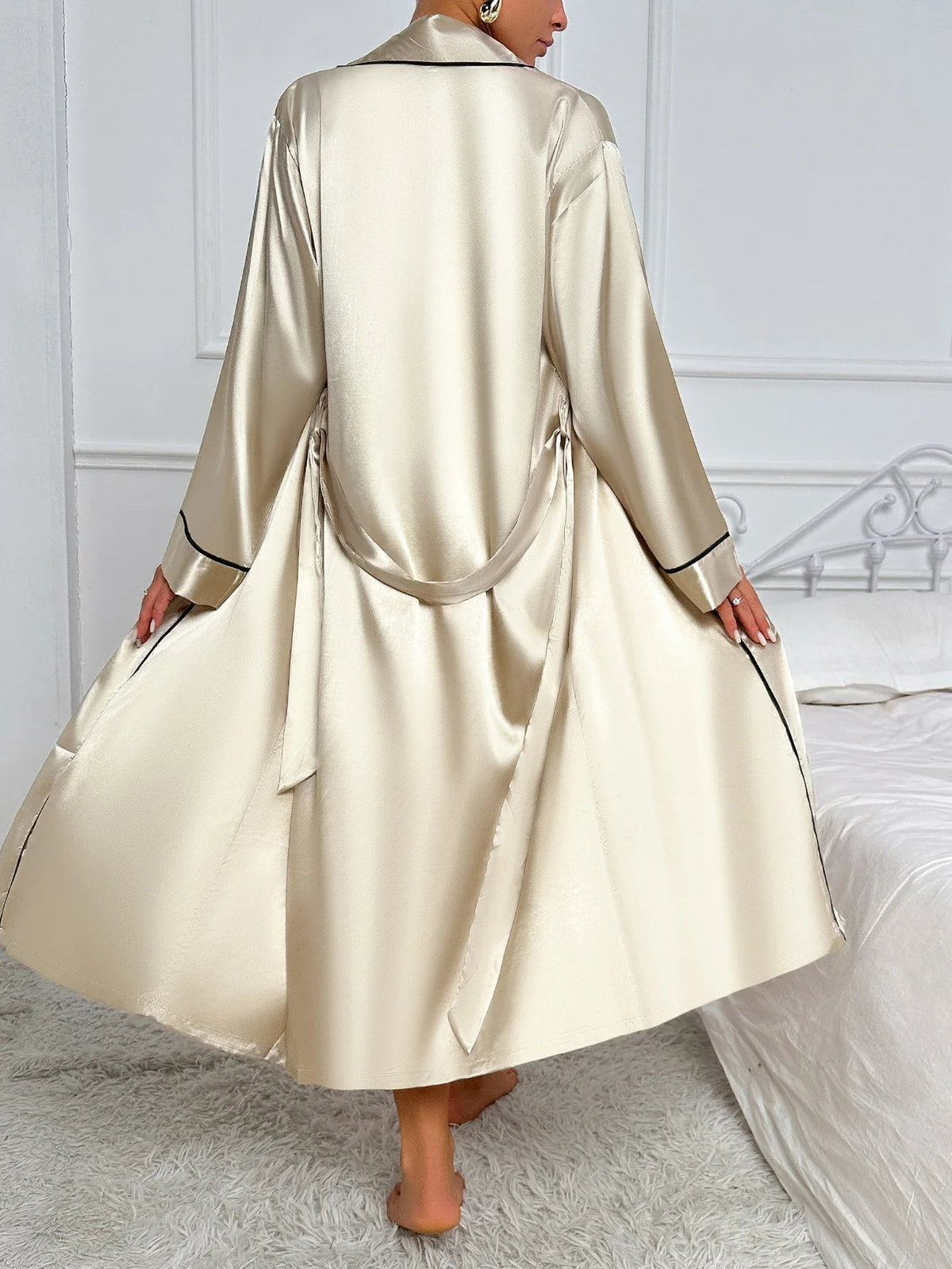 Elfie | V-Neck Midi Slip Dress Pajamas with Contrast Trim Robe