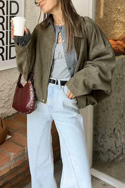 Raina | Faux Suede Lapel Zip-Up Bomber Jacket for Women