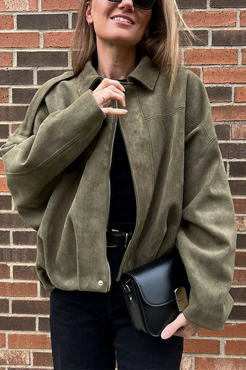 Raina | Faux Suede Lapel Zip-Up Bomber Jacket for Women