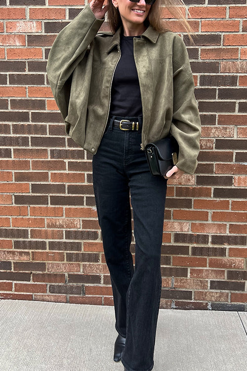 Raina | Faux Suede Lapel Zip-Up Bomber Jacket for Women
