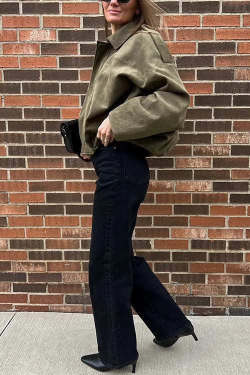 Raina | Faux Suede Lapel Zip-Up Bomber Jacket for Women