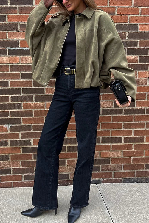Raina | Faux Suede Lapel Zip-Up Bomber Jacket for Women