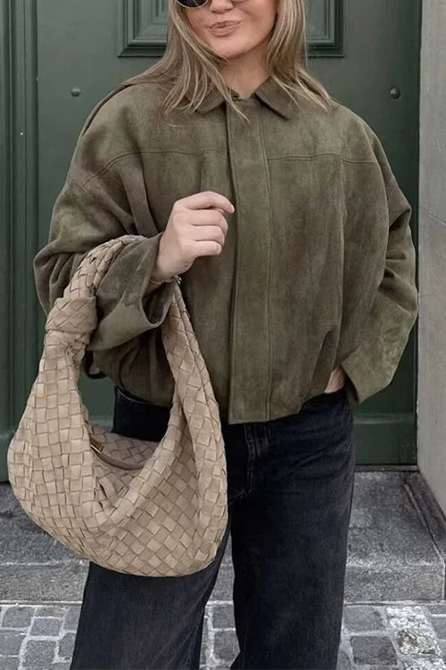 Raina | Faux Suede Lapel Zip-Up Bomber Jacket for Women